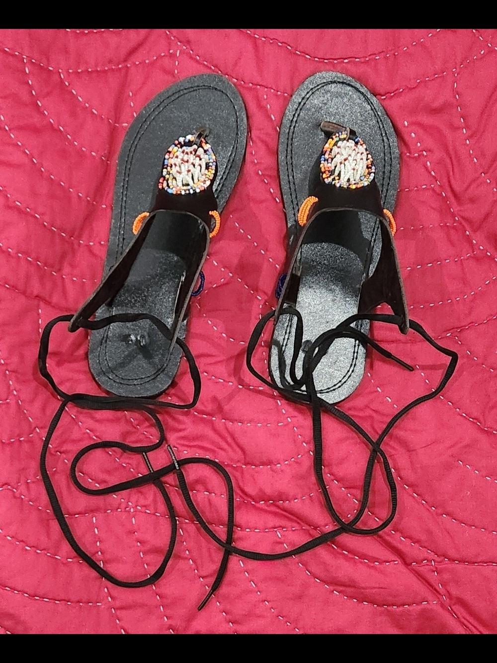 Made In Tanzania 🇹🇿 - Women’s Black Leather & Beaded Lace-Up Sandals